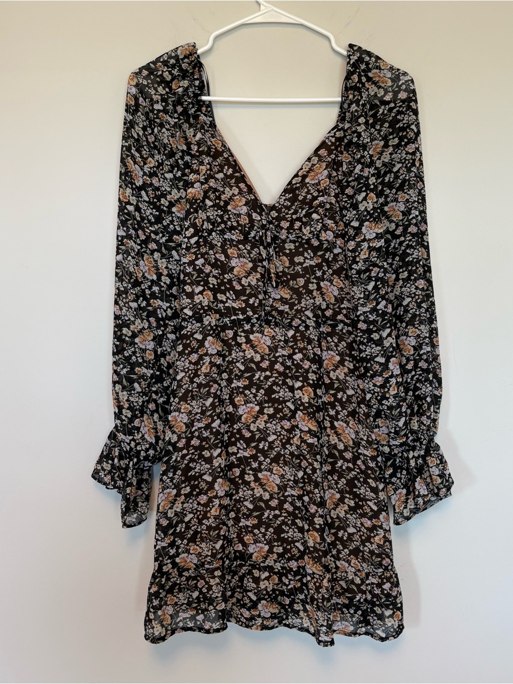 Dress Forum Los Angeles Black Floral Chiffon Long Sleeve Mini Dress Sz S Boho